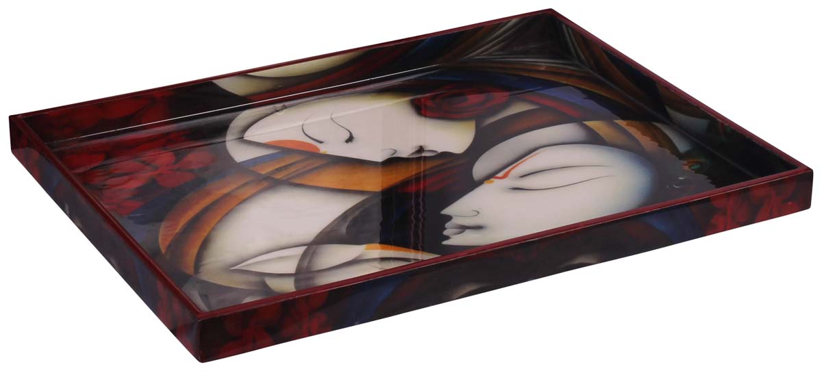 Buy in Bulk Wholesale Serving Tray in MDF - 14” Hand-Crafted Multicolored - Decorative Tray with Meditating Indian Faces Enamelled Art - Classic Serve-Ware/Decor/Gifts from India